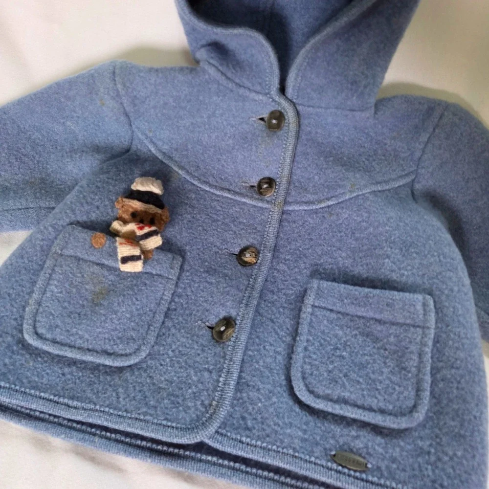 Giesswein Boiled Wool Jacket Baby Size 9-12 Month Blue Teddy Bear Hooded Austria